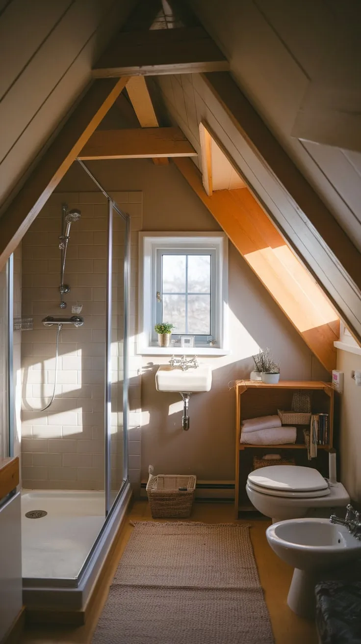 Imagine stepping into your attic bathroom, where the sloping ceiling adds a touch of whimsy to a space that's both stylish and supremely comfortable – a tranquil sanctuary meticulously crafted to make the most of every nook and cranny.