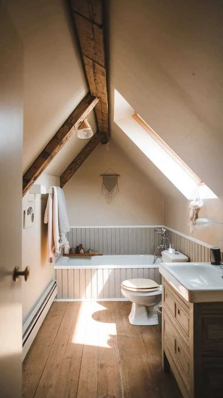 Imagine stepping into an attic bathroom where the sloping ceiling embraces you, a space where the raw beauty of exposed wood meets the clean lines of contemporary design, transforming into a sanctuary designed for your ultimate relaxation.
