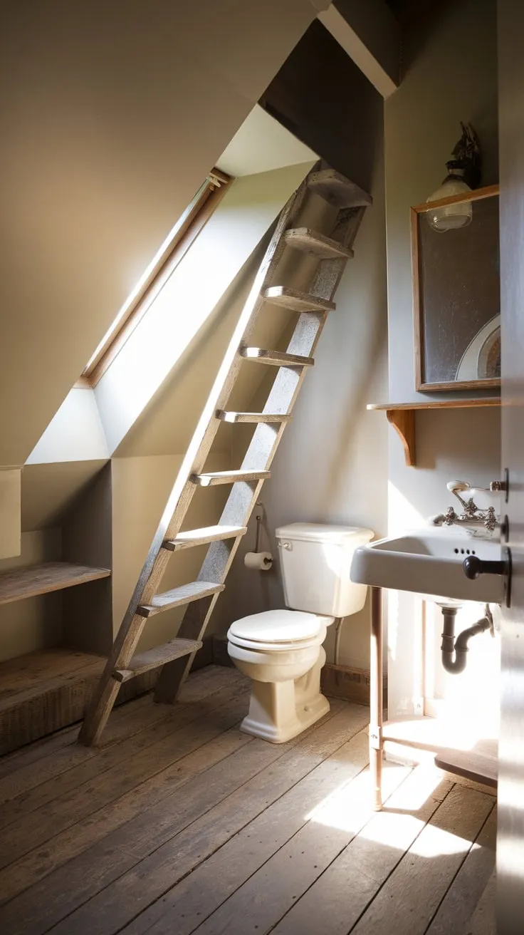 Beneath the eaves, your attic bathroom is a masterclass in contrasts: exposed beams meet gleaming chrome, rough-hewn wood dances with smooth tile, and the result is a breathtaking haven, beckoning you to unwind and forget the world outside.