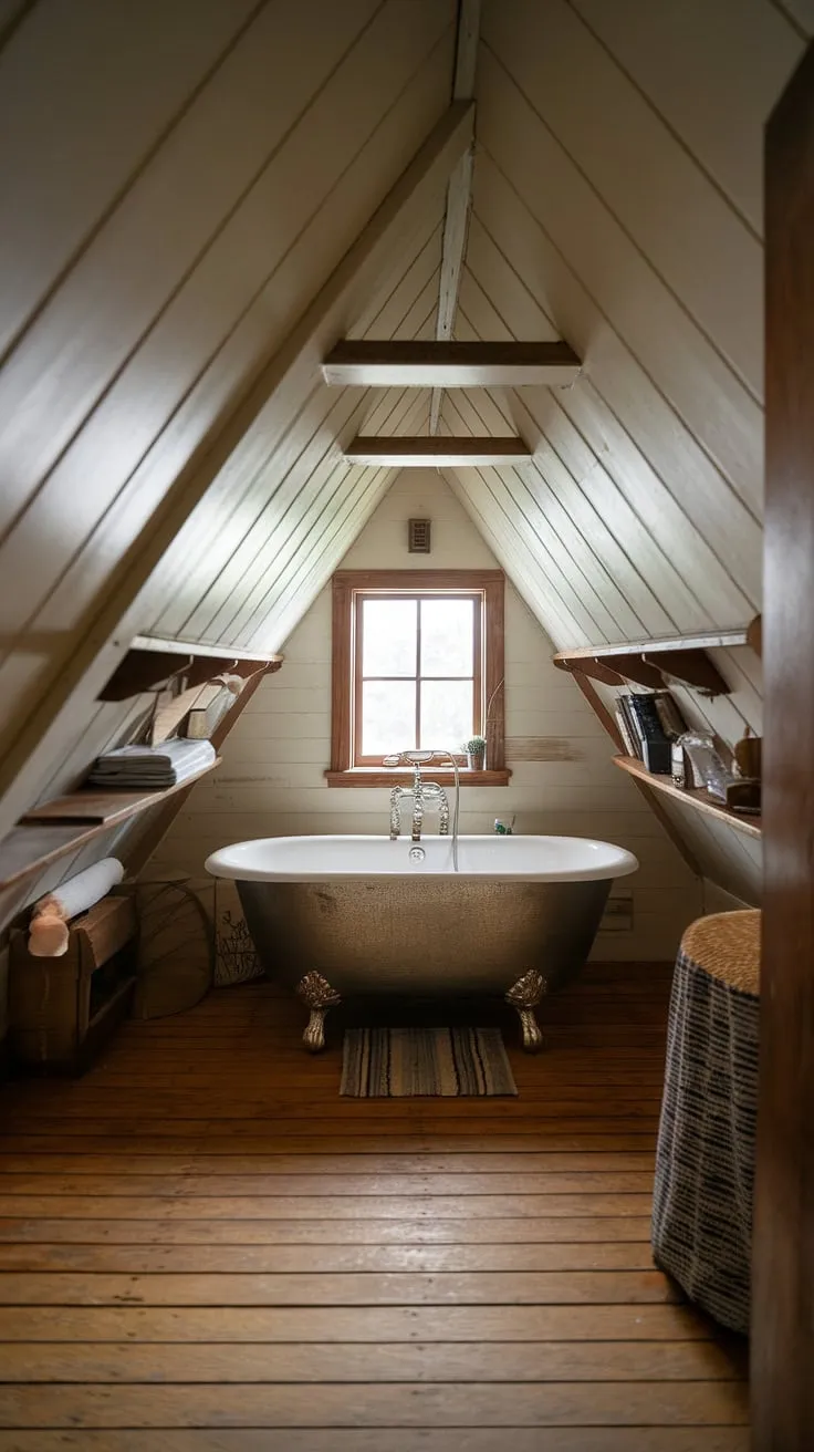 This cozy attic bathroom, nestled under a slanted ceiling, showcases ingenious attic bathroom design.  The unique placement of the vintage tub near the sloped ceiling, complemented by clever attic bathroom storage solutions on the slanted ceiling itself, maximizes this small bathroom slanted ceiling space.  Note the thoughtful attic bathroom lighting and the rustic charm of the wooden floors and elements. This bathroom renovation attic project is a masterclass in maximizing attic space bathroom potential with beautiful slanted ceiling decor.