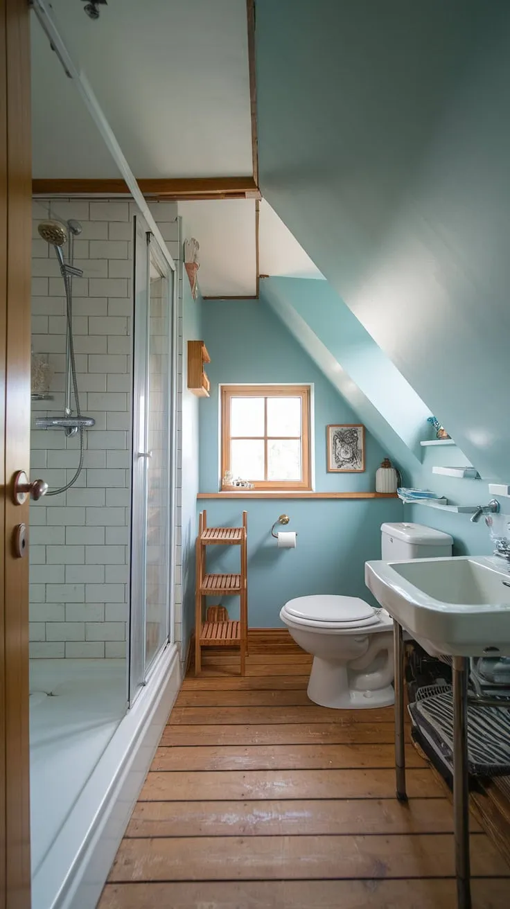 This cozy attic bathroom, with its charming slanted ceiling and clever attic bathroom storage solutions, proves that even a small bathroom slanted ceiling can be transformed into a unique attic bathroom design.  The sloped ceiling bathroom's light blue walls and strategic attic bathroom lighting create a relaxing atmosphere, showcasing brilliant attic bathroom ideas for maximizing space under a slanted roof.  The bathroom with sloped ceiling is a testament to thoughtful bathroom renovation attic projects.