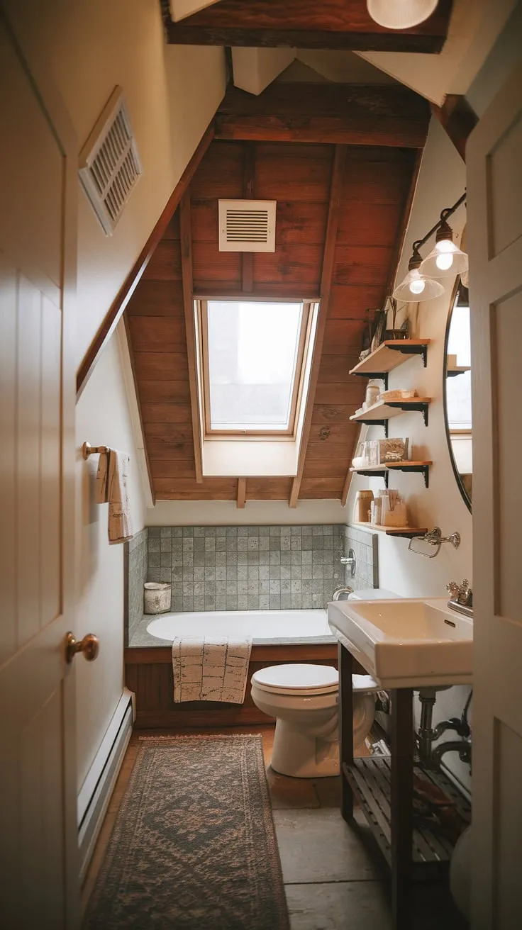 Transforming attic space into a functional and stylish bathroom was a dream come true! This attic bathroom, with its slanted ceiling and clever attic bathroom storage, is the perfect example of how to maximize a small bathroom slanted ceiling. The sloped ceiling bathroom design incorporates natural attic bathroom lighting through a skylight, creating a cozy attic bathroom feel. This bathroom renovation attic project is full of attic bathroom ideas, showcasing the beauty of slanted ceiling decor and unique bathroom ceiling angles.