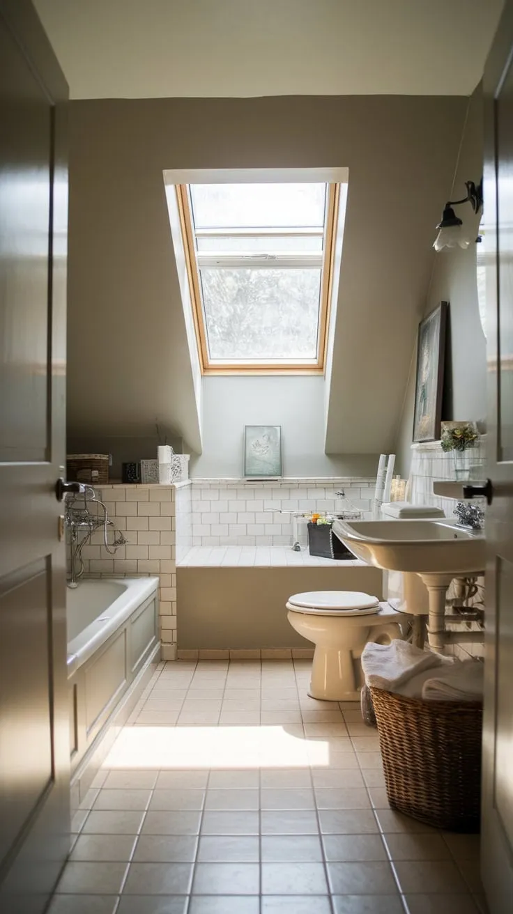 Step into your attic bathroom, a haven where a calming neutral palette meets meticulously chosen details. Here, comfort and style intertwine, transforming the space into a serene retreat designed just for you.