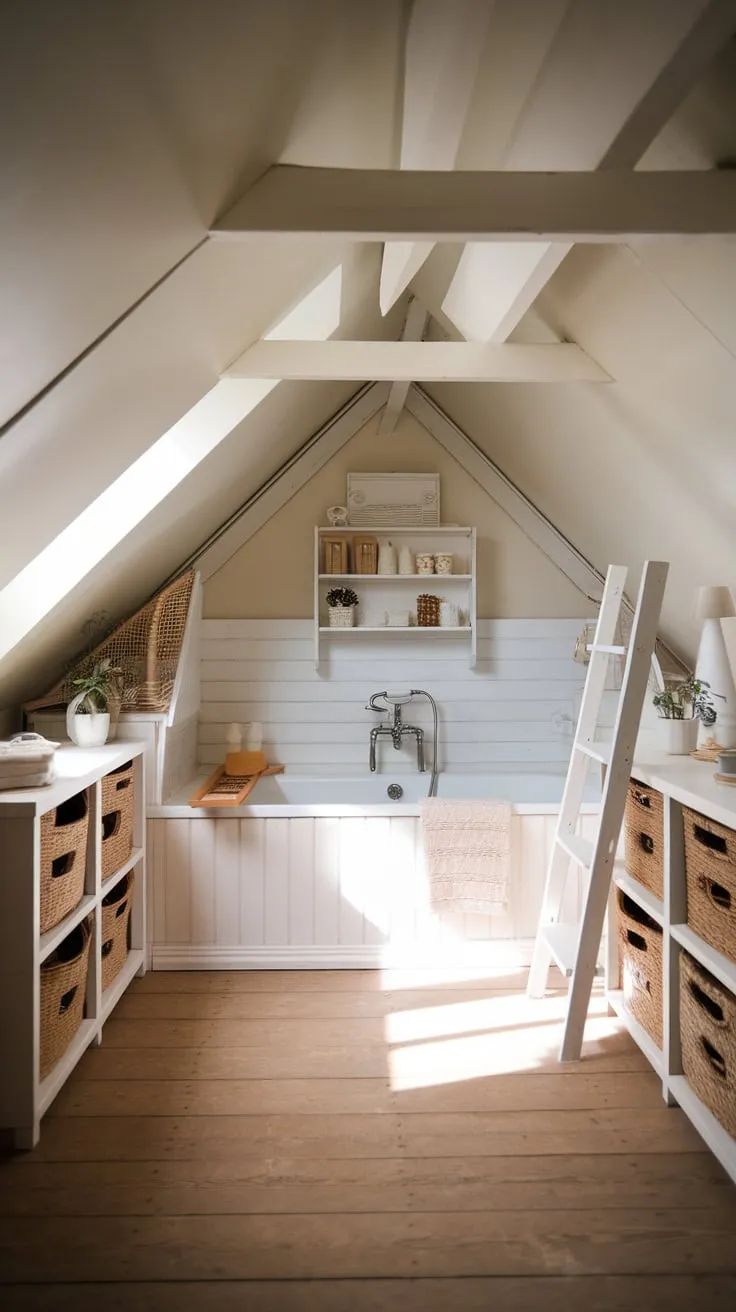 Step into your attic bathroom, a haven where sleek white fixtures gleam against the warmth of wooden floors, effortlessly blending comfort and style to create the perfect retreat for unwinding.