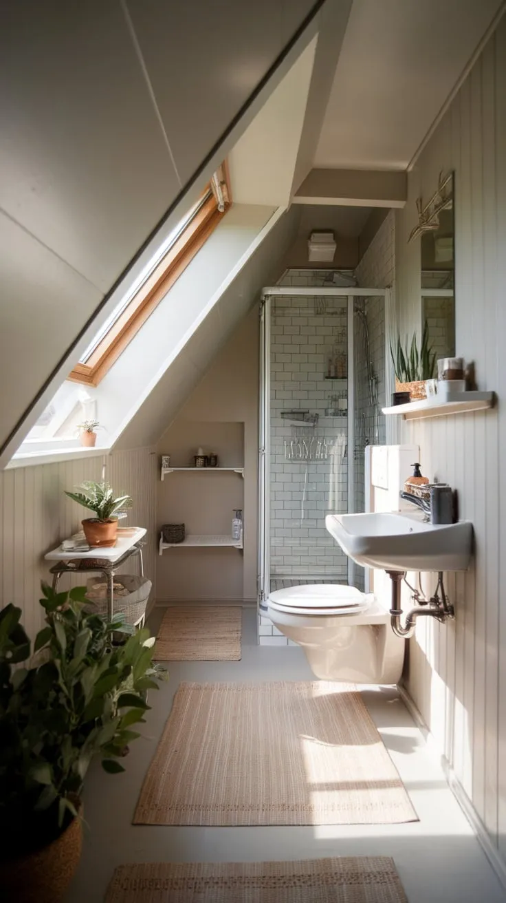 Ascend to your attic bathroom, a beautifully designed sanctuary where style meets serenity. You'll find the space, though tucked away, feels surprisingly open and inviting, thanks to a calming color scheme and carefully considered details that maximize every inch.