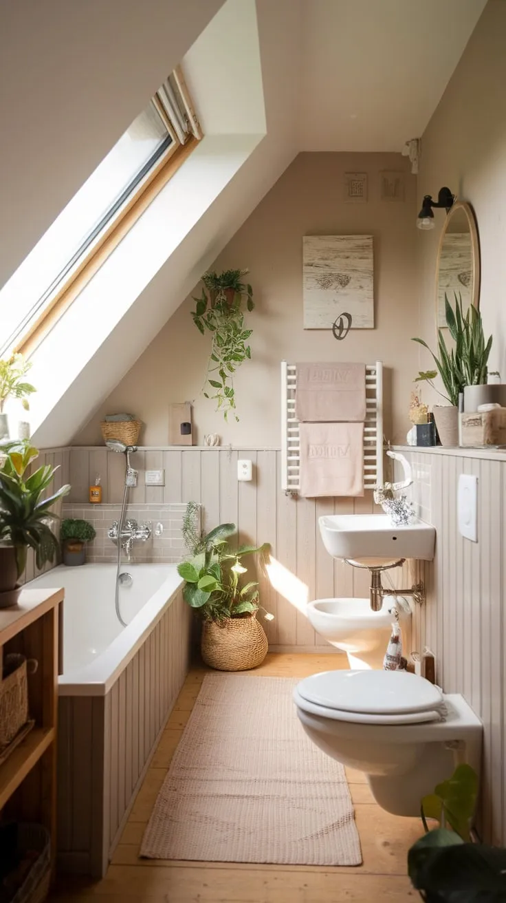 Sunlight streams through the skylight of your attic bathroom, illuminating the warm, natural wood that dances with a calming neutral palette, transforming the space into a personal sanctuary where stress melts away and you rediscover tranquility.