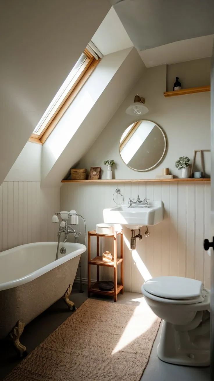 Sunlight streams through the dormer window, illuminating the clawfoot tub in your attic bathroom – a space where vintage elegance dances with clean, modern lines, beckoning you to unwind in its tranquil embrace.