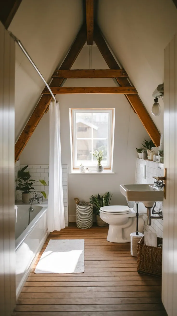 Step into your attic bathroom, a haven where exposed beams whisper tales of rustic charm while sleek, modern fixtures gleam, inviting you to unwind in its serene embrace.