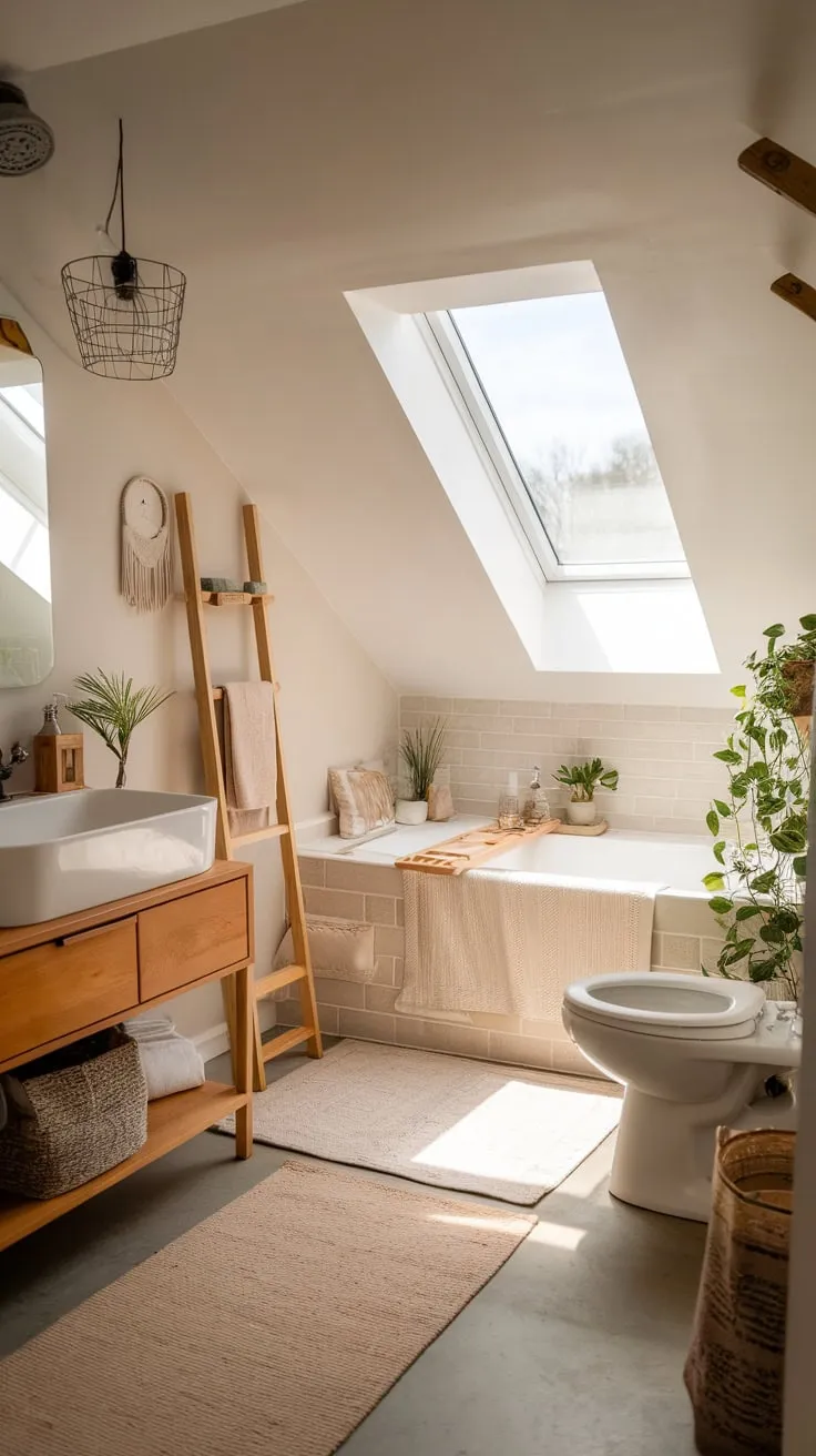 Step into your attic bathroom, a beautifully designed space where tranquility reigns; neutral hues and carefully chosen accents conspire to craft the perfect retreat, beckoning you to shed the day's burdens and simply be.