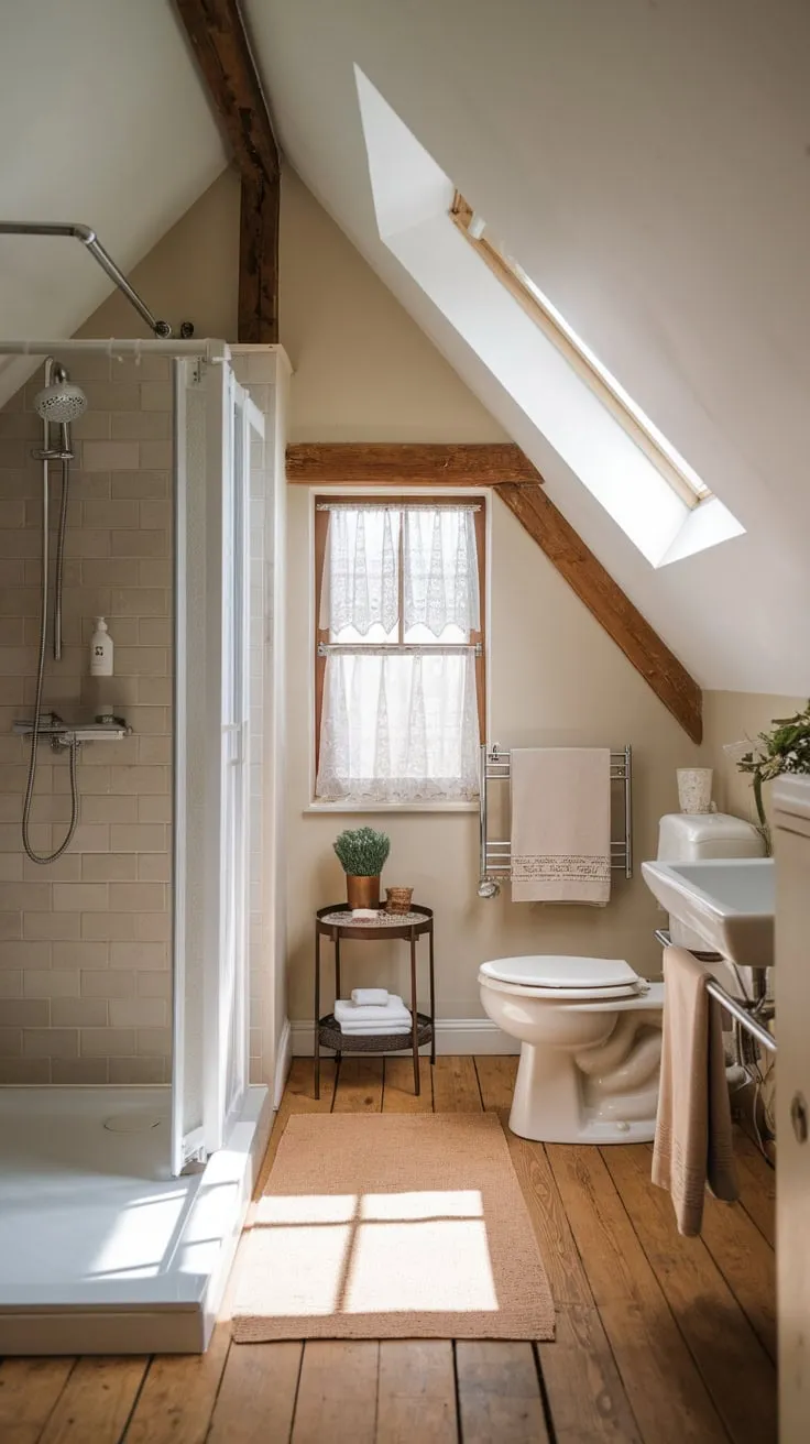 Sunlight streams through the skylight of your attic bathroom, a haven where exposed beams whisper tales of the past while sleek, modern fixtures promise unparalleled comfort, beckoning you to unwind and rediscover yourself.