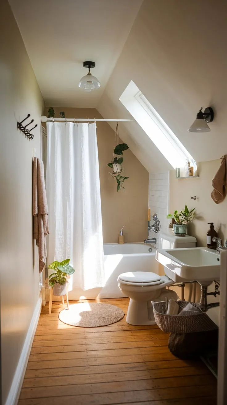 Step into your attic bathroom, where a masterful blend of simplicity and warmth crafts a tranquil escape, the neutral hues and thoughtful touches whispering serenity.