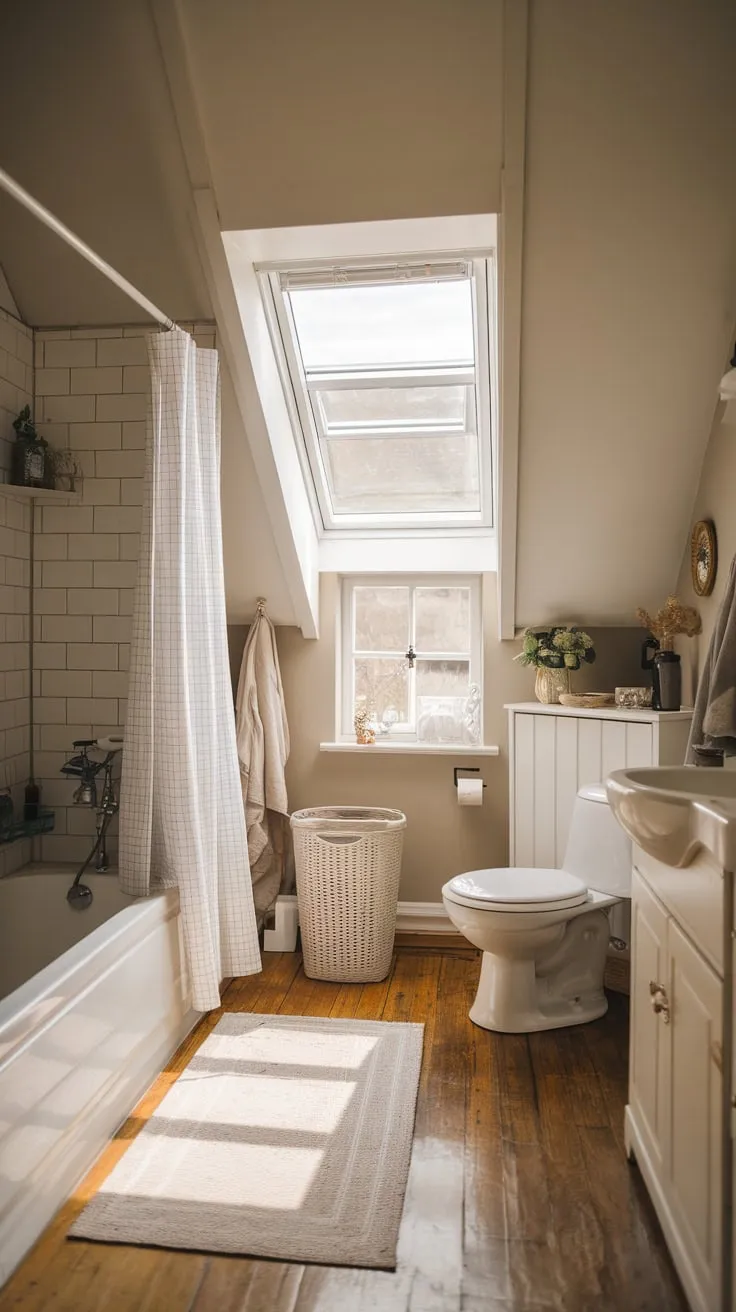 This beautifully designed attic bathroom combines warmth and functionality, making it the perfect retreat for relaxation and rejuvenation.