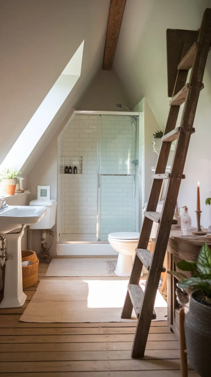 Step into your attic bathroom, where the past whispers through antique fixtures harmonizing with sleek, contemporary design, crafting a personal haven that beckons you to unwind and express your unique style.