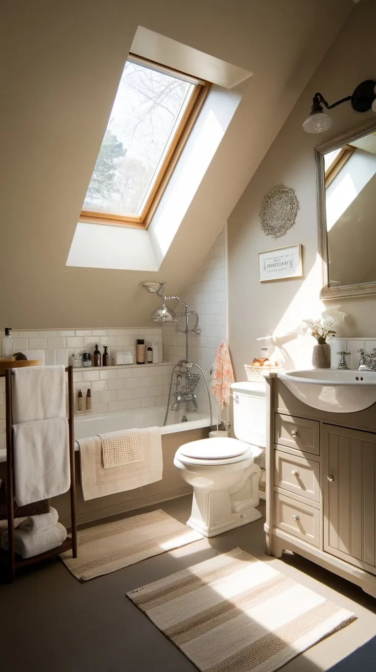 Ascend to your attic bathroom, a haven where comfort and style dance in perfect harmony, enveloping you in a serene embrace of neutral tones and meticulously crafted details.