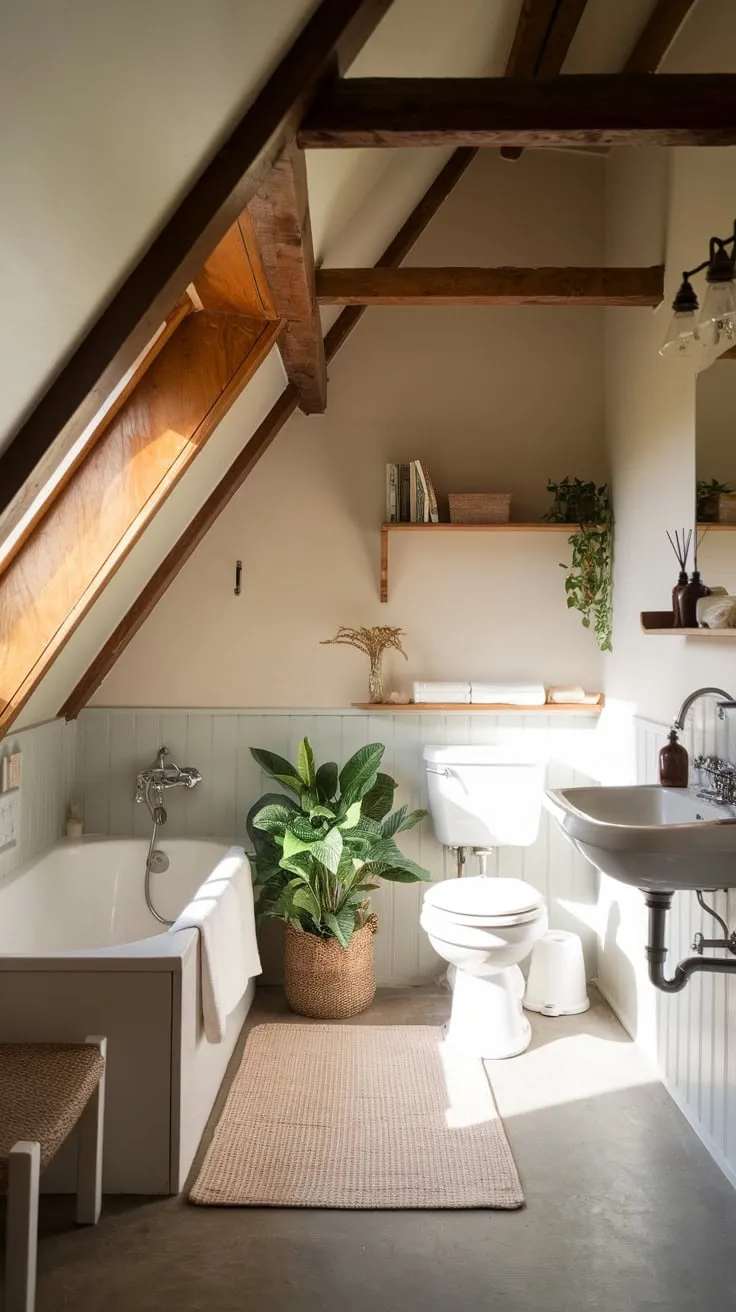 This beautiful attic bathroom, adorned in soothing neutrals and rustic wooden accents, invites you to indulge in a serene escape where simplicity meets elegance.