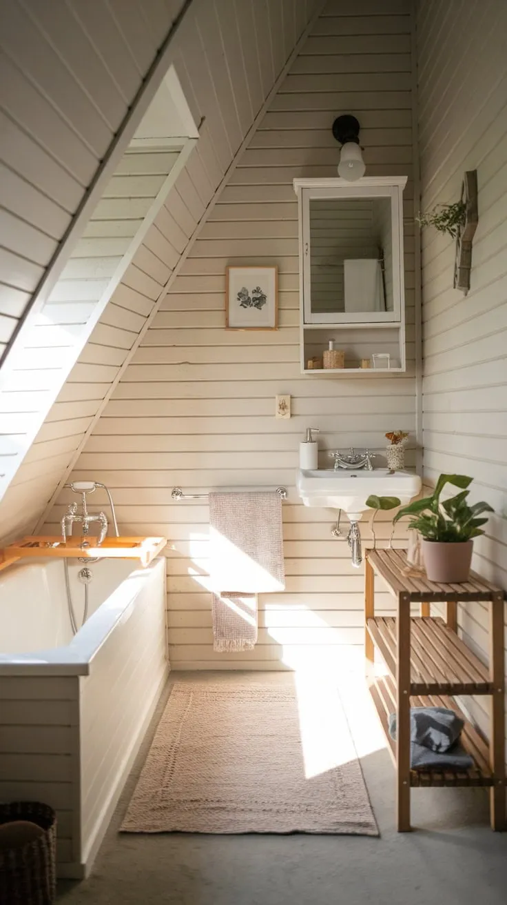 Sunlight streams through the skylight of your attic bathroom, illuminating the warm wood tones and soft textures that invite you to unwind and escape the everyday. Here, tranquility washes over you, transforming the space into a personal sanctuary dedicated to rejuvenation.