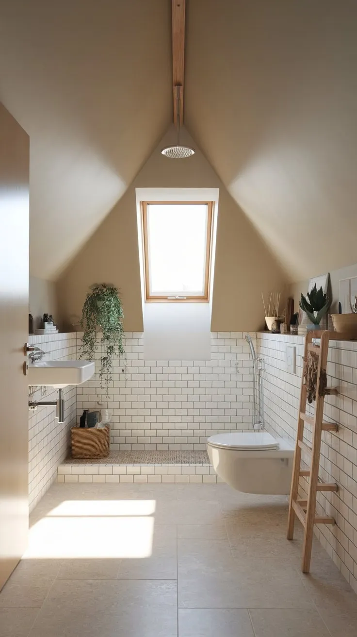 Imagine escaping to this attic bathroom, where a calming palette of neutrals and a meticulously planned layout conspire to create a bright, airy haven – a personal retreat promising moments of pure relaxation and blissful rejuvenation.