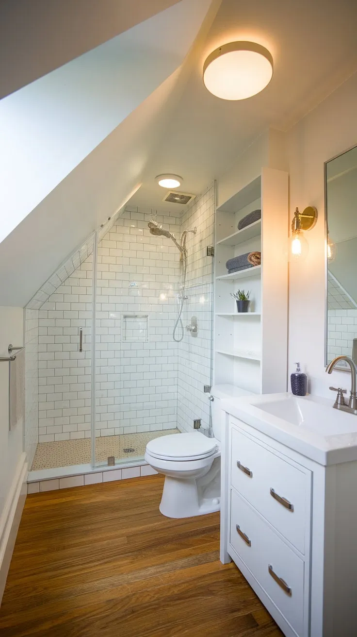 This attic bathroom renovation is a masterclass in maximizing limited space.  The ingenious attic bathroom layout incorporates ample attic bathroom storage, cleverly integrated into the design.  The bright attic bathroom lighting and minimalist attic bathroom decor create a serene atmosphere.  From the efficient attic bathroom plumbing to the carefully chosen attic bathroom fixtures and accessories, every detail contributes to the overall success of this attic bathroom space-saving design.  Explore this attic bathroom inspiration for your own attic bathroom remodeling project, considering various attic bathroom styles and features.