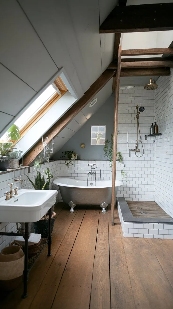 This attic bathroom renovation showcases the perfect blend of rustic industrial charm and modern functionality.  The clever attic bathroom layout maximizes space, incorporating thoughtful attic bathroom storage solutions.  Note the stunning attic bathroom lighting from the skylight and the carefully chosen attic bathroom fixtures, including the vintage sink and rainfall showerhead. This attic bathroom design is brimming with attic bathroom inspiration, offering a wealth of attic bathroom ideas for your own remodel.  The exposed wooden beams, white subway tiles, and wide plank flooring create a unique attic bathroom style, while the carefully selected attic bathroom accessories add personality.  Consider this a masterclass in attic bathroom plumbing and space-saving techniques.  From the attic bathroom features to the overall aesthetic, this is attic bathroom remodeling at its finest.