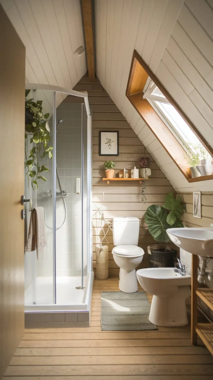 Sunlight streams through the attic window, illuminating the natural wood that wraps you in warmth as you step into this bathroom, a haven where thoughtful design transforms everyday routines into moments of serene escape.