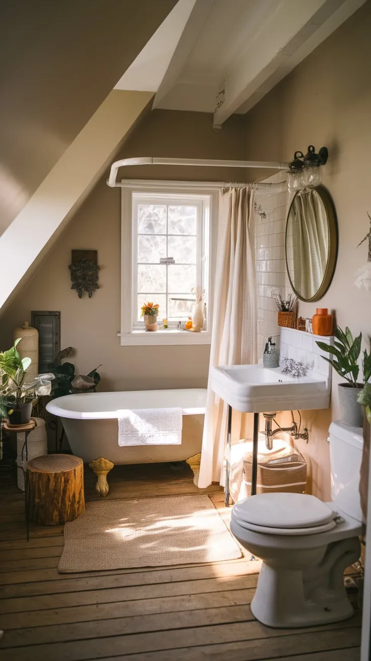 This charming attic bathroom beautifully combines vintage elegance with modern comfort, creating a serene retreat that invites relaxation.