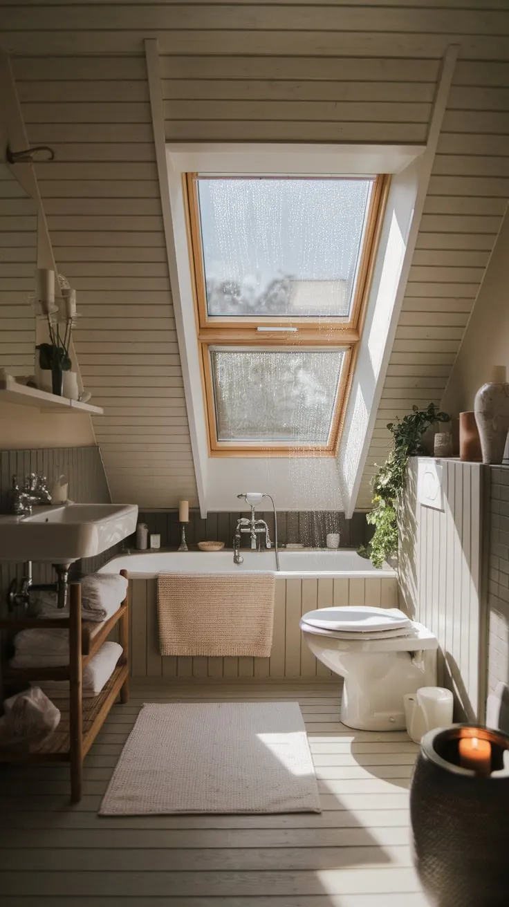 This beautifully designed attic bathroom combines warmth and functionality, with its neutral tones and thoughtful decor creating a serene retreat for relaxation.