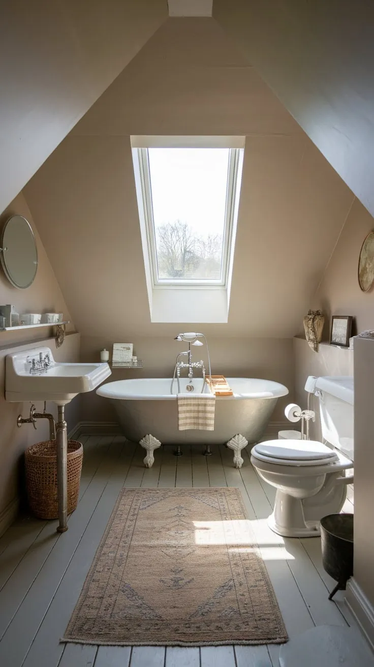 Step into your attic bathroom, a haven where exposed beams whisper tales of yesteryear while sleek fixtures offer contemporary indulgence, transforming the space into a serene sanctuary designed to melt away your stress.