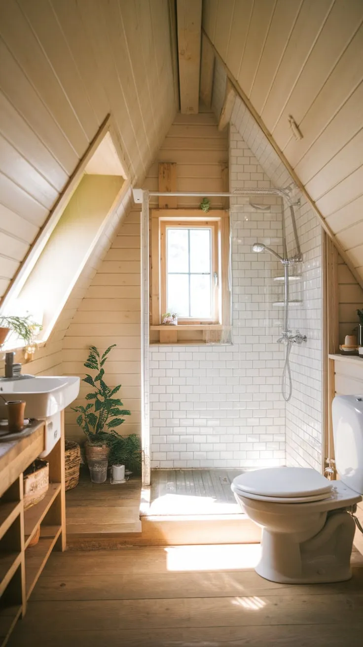 This attic bathroom beautifully combines rustic charm with modern comfort, creating a warm and inviting space perfect for relaxation.