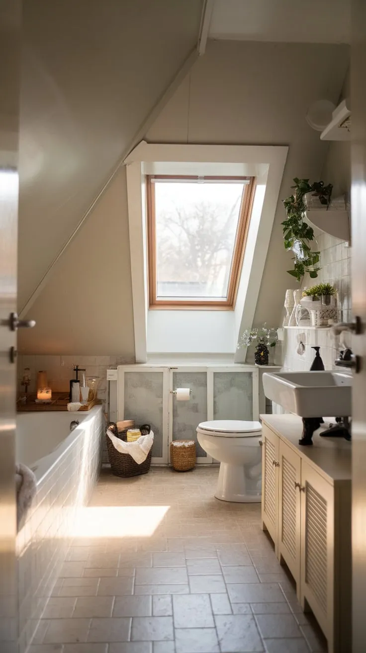 Imagine stepping into your attic bathroom, a beautifully conceived space where warm, neutral shades dance with carefully considered details, transforming it into a serene sanctuary that effortlessly blends form and function.