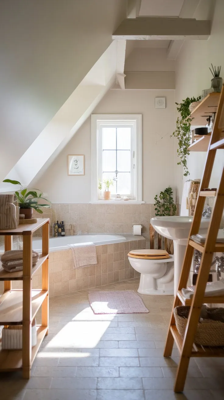 This charming attic bathroom, with its neutral tones and thoughtful design, transforms a small space into a serene retreat.