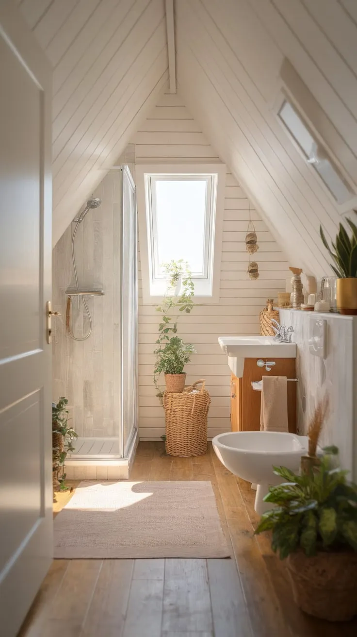 Imagine escaping to your attic bathroom, a sanctuary where the clever design marries cozy warmth with seamless functionality. The neutral palette soothes your senses, and the thoughtful decor elevates the space, crafting a truly tranquil escape just for you.