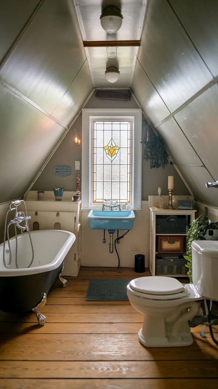 This attic bathroom remodel is a testament to the beauty of vintage style.  From the clawfoot tub and antique sink (attic bathroom fixtures) to the thoughtful attic bathroom storage and stunning stained-glass window, every detail speaks volumes. This attic bathroom inspiration showcases how to maximize an attic bathroom space-saving design while maintaining a luxurious feel.  Explore the attic bathroom layout, the carefully chosen attic bathroom accessories, and the warm attic bathroom lighting.  This attic bathroom features a unique blend of old-world charm and modern functionality, offering valuable attic bathroom ideas for your own renovation.  The careful consideration of attic bathroom plumbing ensures a seamless and stylish result.