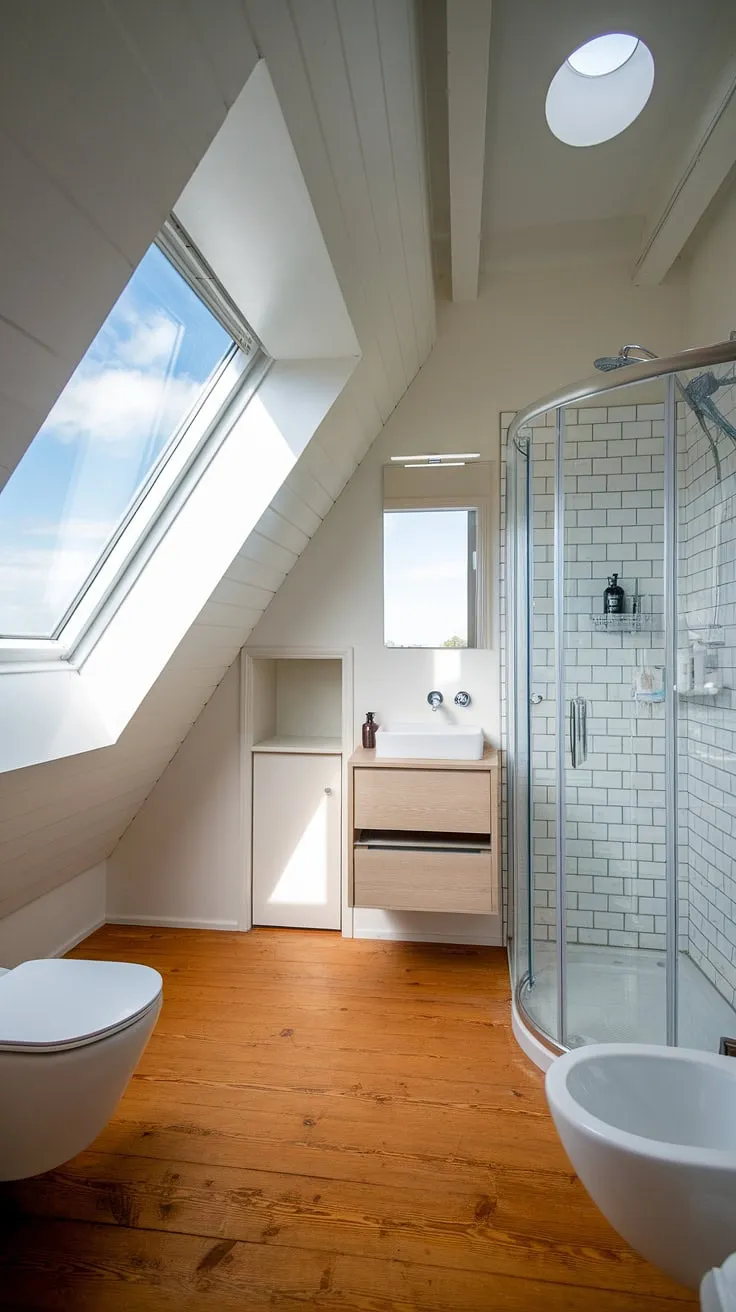 This stunning attic bathroom remodel proves that even the most challenging spaces can be transformed into luxurious retreats.  The airy white palette and strategic attic bathroom lighting create a sense of spaciousness, while the thoughtful attic bathroom layout incorporates ample attic bathroom storage.  From the chic attic bathroom fixtures to the carefully chosen attic bathroom decor and accessories, every detail contributes to a cohesive and inspiring design.  Explore these attic bathroom ideas and discover how to achieve your dream attic bathroom, considering factors like attic bathroom features, attic bathroom styles, and efficient attic bathroom plumbing solutions during your attic bathroom remodeling project.