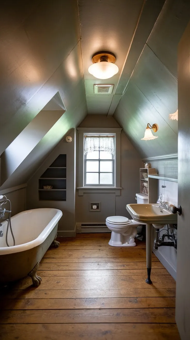 This attic bathroom is a masterclass in maximizing space and embracing rustic elegance.  From the clever attic bathroom layout and efficient attic bathroom storage solutions to the carefully selected attic bathroom fixtures and lighting, every detail contributes to the overall charm.  This attic bathroom renovation demonstrates innovative attic bathroom ideas and provides ample attic bathroom inspiration for those considering an attic bathroom remodeling project.  Note the thoughtful attic bathroom features, including the plumbing and the space-saving design elements.  Explore various attic bathroom styles and discover the potential of your own attic space with this stunning example of attic bathroom decor.