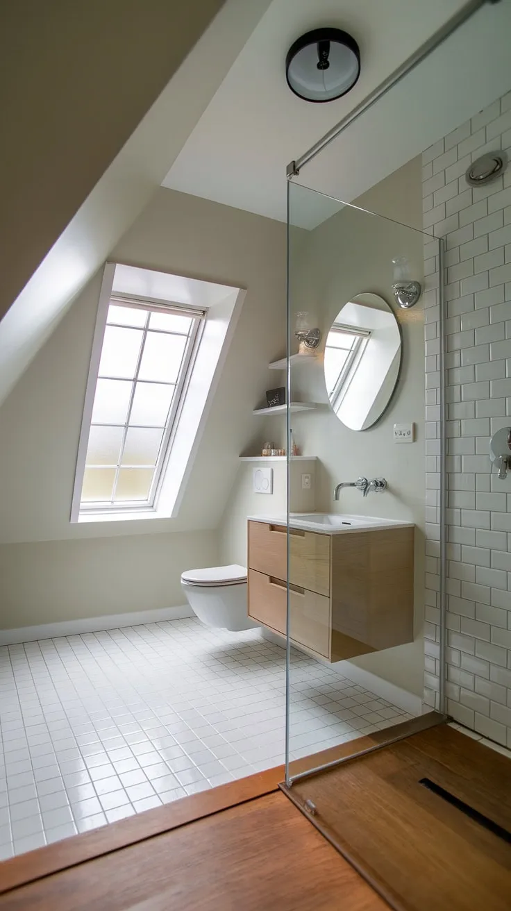 Transforming unused attic space into a haven of modern luxury. This attic bathroom renovation showcases clever attic bathroom layout, maximizing space with a floating vanity and wall-mounted fixtures.  Note the thoughtful attic bathroom storage solutions and elegant attic bathroom lighting, creating a serene and functional space.  The result is a stunning example of attic bathroom design, brimming with attic bathroom inspiration and showcasing the best in attic bathroom styles.  Every detail, from the attic bathroom plumbing to the carefully chosen attic bathroom accessories, contributes to the overall chic and space-saving design. This project is a testament to the possibilities of attic bathroom remodeling.