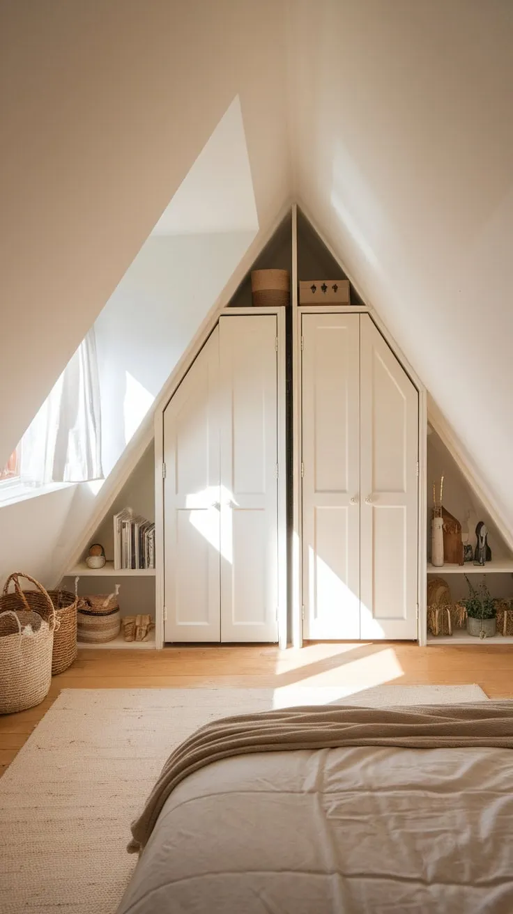 Imagine escaping to this attic bedroom, a haven tucked away from the world. The scent of aged wood and sunshine fills the air as you gaze upon the perfectly composed bed, a promise of restful nights. Discreet closets, built into the eaves, stand ready to organize your life, allowing you to fully unwind in this peaceful, elevated retreat.