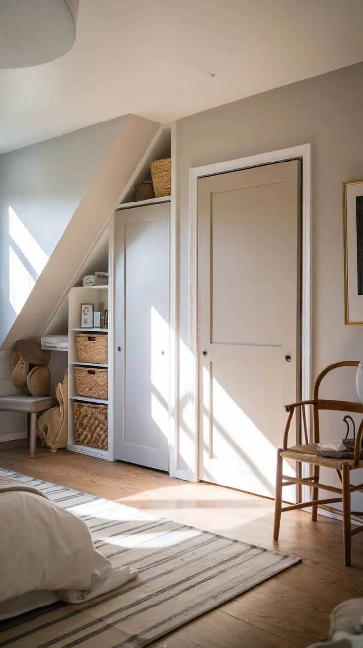 Sunlight streams through the dormer windows of your attic bedroom, washing over the calming neutral tones and highlighting the clever design of the built-in closets. Here, style and practicality dance in perfect harmony, crafting a serene escape just for you.