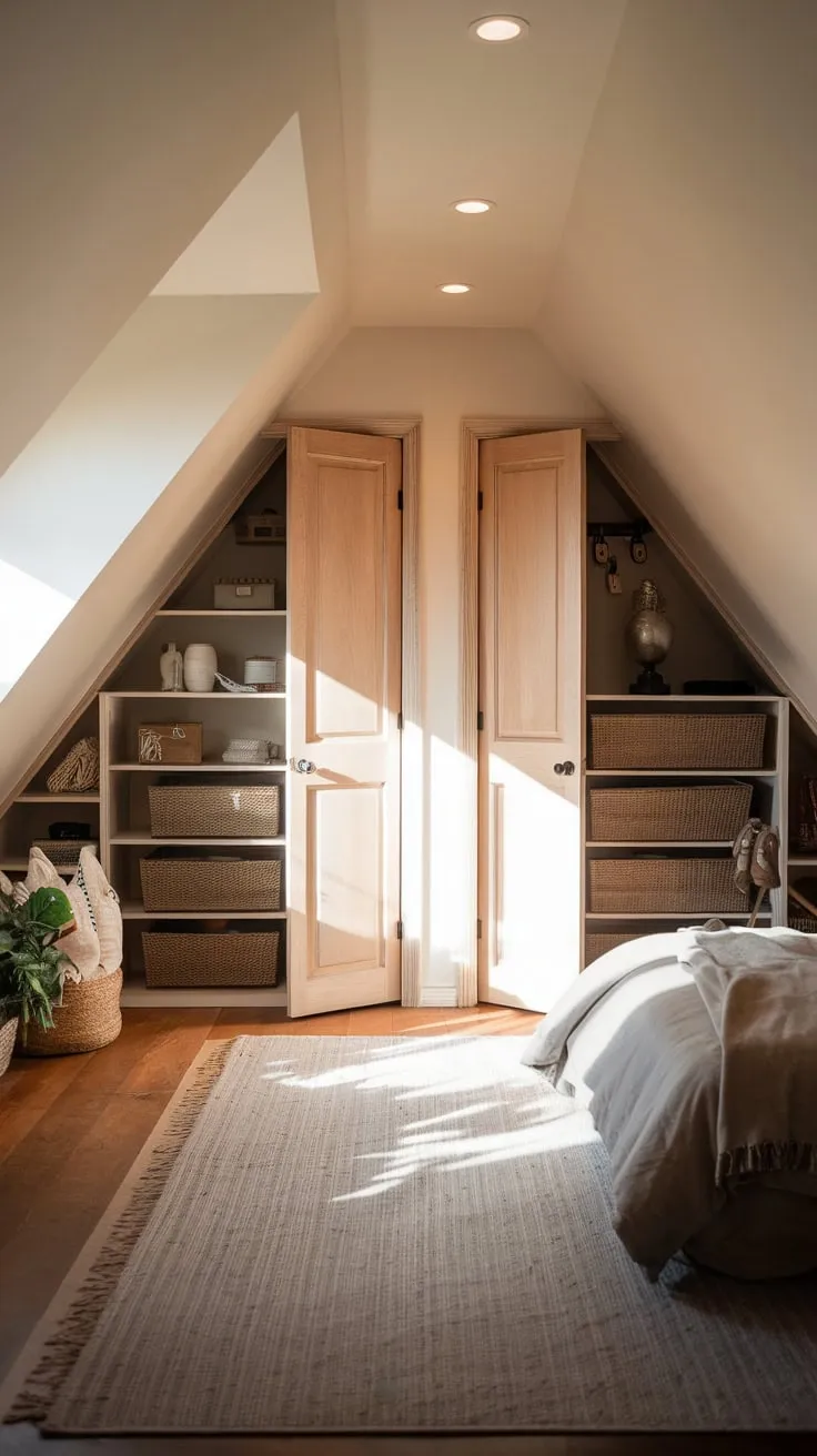 Bask in the cozy charm of this attic bedroom, where the neatly organized closets with wooden doors blend seamlessly into the serene, neutral decor.