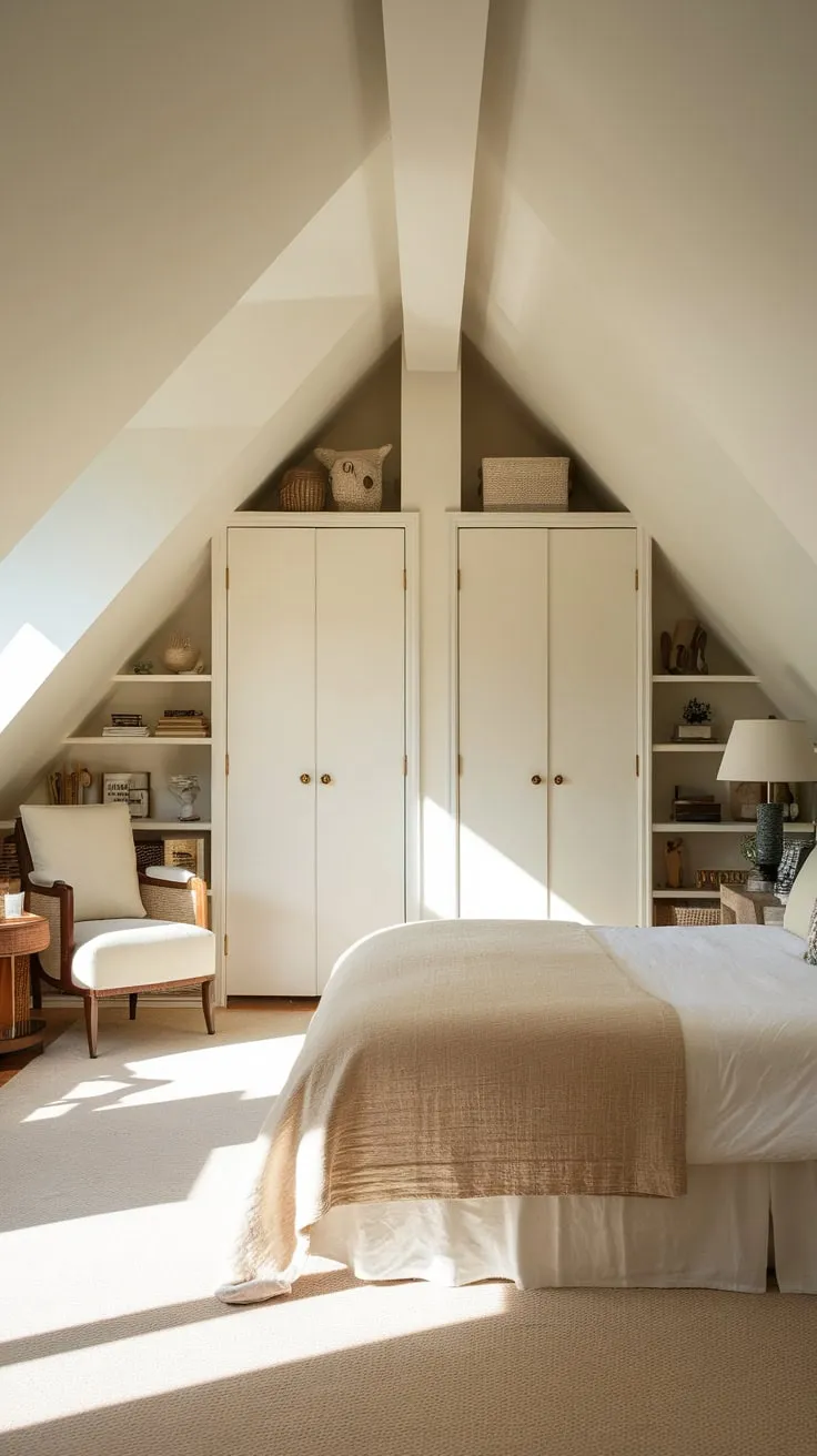 Ascend to this attic retreat, where a symphony of neutral tones welcomes you and cleverly concealed closets offer seamless storage, crafting a space where comfort and style dance in perfect harmony.