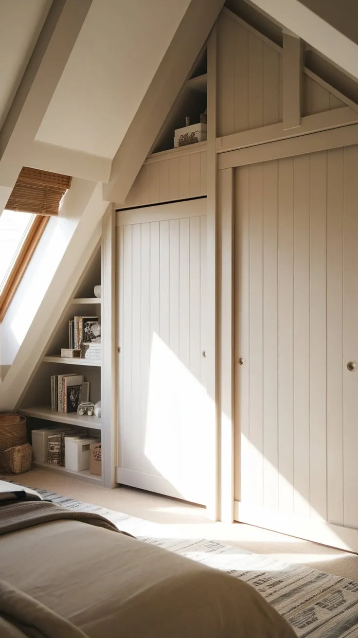 This beautifully designed attic bedroom, with its thoughtfully arranged closets, perfectly blends comfort and style in a serene retreat.