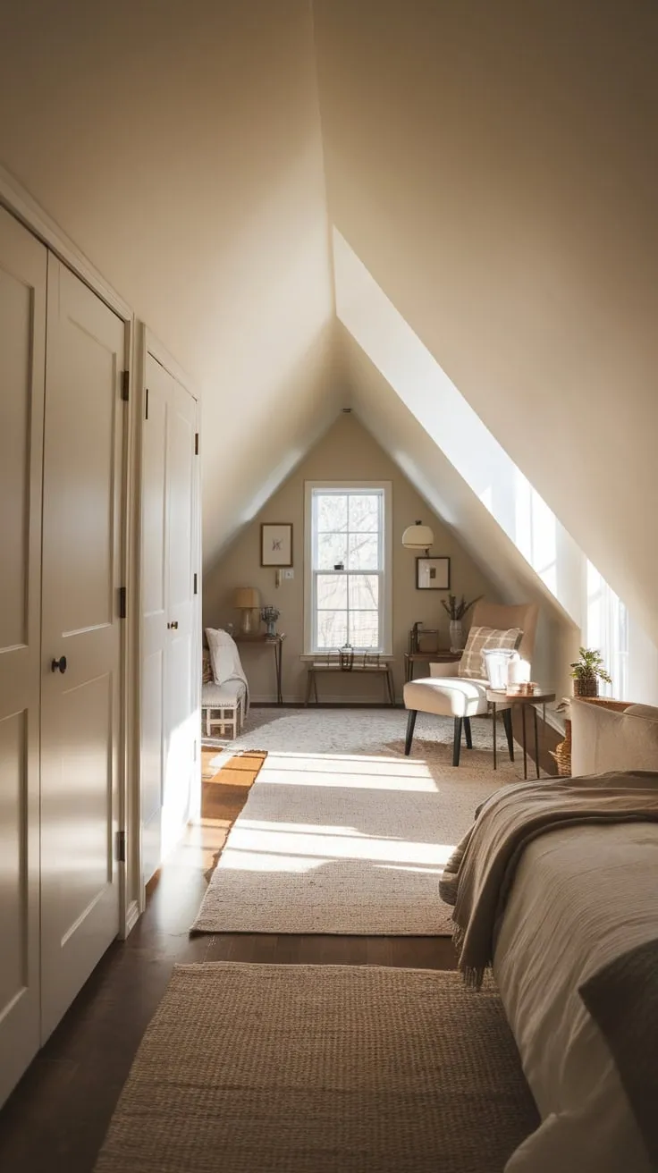 This cozy attic bedroom, with its neutral tones and neatly arranged furniture, offers a serene retreat, complete with ample storage in the two closets on the left.