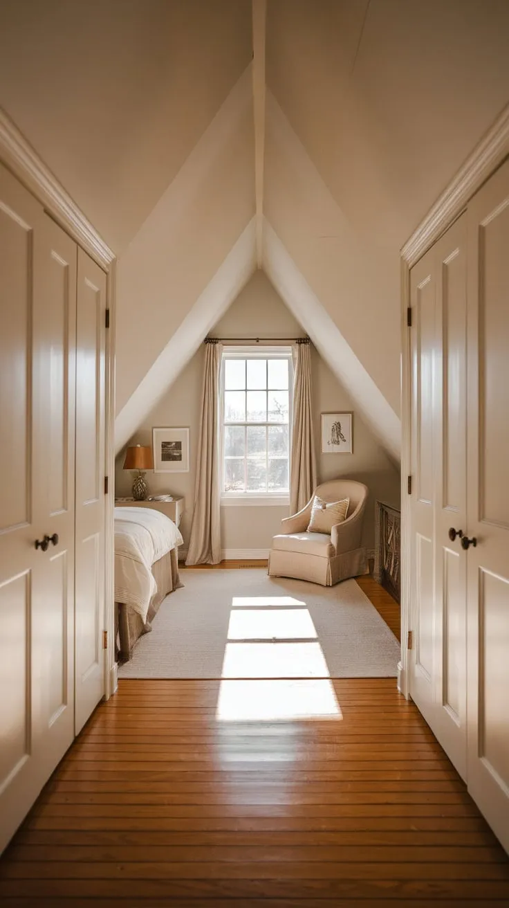 This cozy attic bedroom, with its warm wooden floors and perfectly placed closets, offers a serene retreat where simplicity meets style.