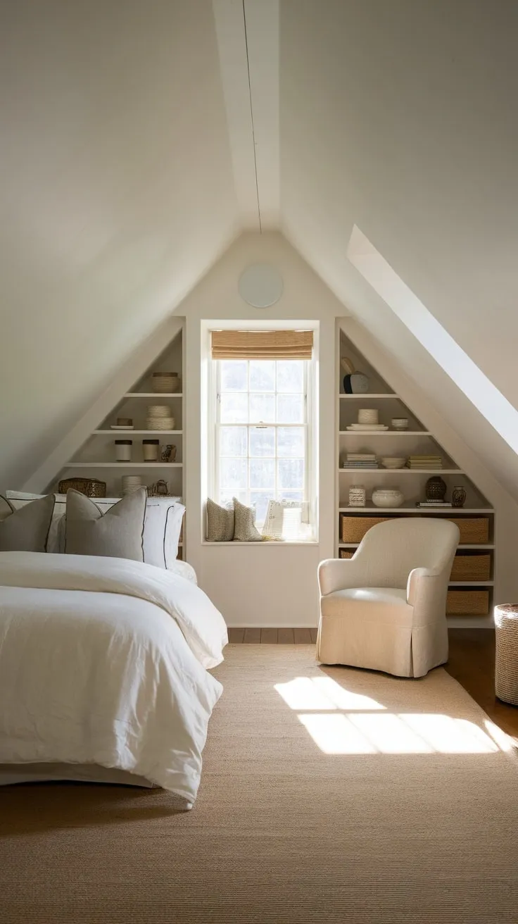 This cozy attic bedroom, with its neutral tones and built-in closets, offers a serene retreat where simplicity meets style.
