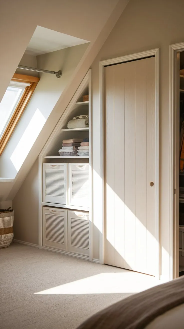 Imagine escaping to this attic haven, where a symphony of neutral shades embraces you and cleverly designed closets stand ready to organize your world, creating the ideal backdrop for both quiet contemplation and boundless inspiration.