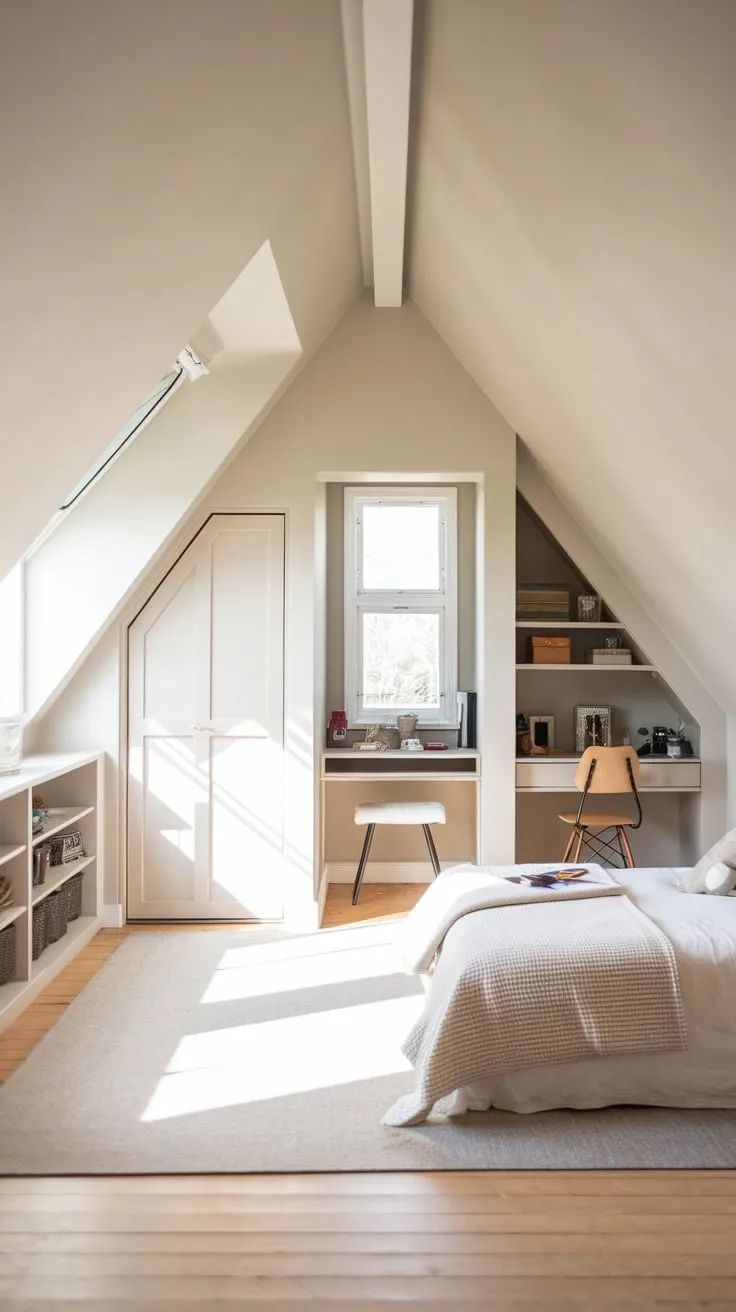 This charming attic bedroom, with its light grey walls and wooden flooring, offers a serene retreat where the cleverly placed closets near the window and bed maximize both style and storage.