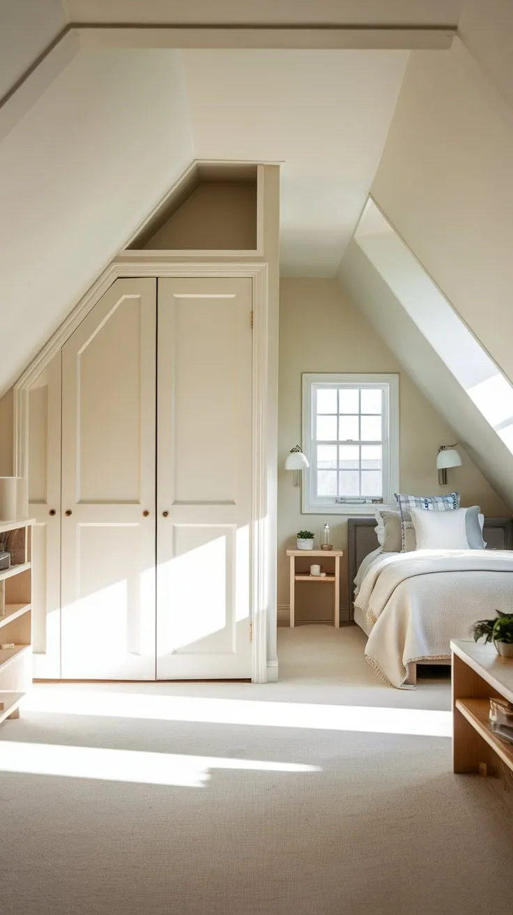 This beautifully designed attic bedroom, with its light neutral palette and thoughtfully placed attic bedroom closets, creates a serene and inviting atmosphere perfect for relaxation.