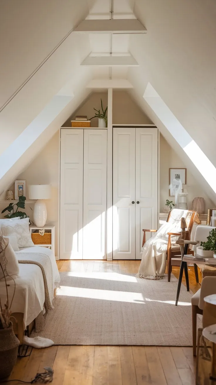 Step into this attic bedroom, a haven where neutral hues dance in harmony with the clever design of built-in closets, transforming the space into your personal sanctuary for both serene relaxation and boundless inspiration.