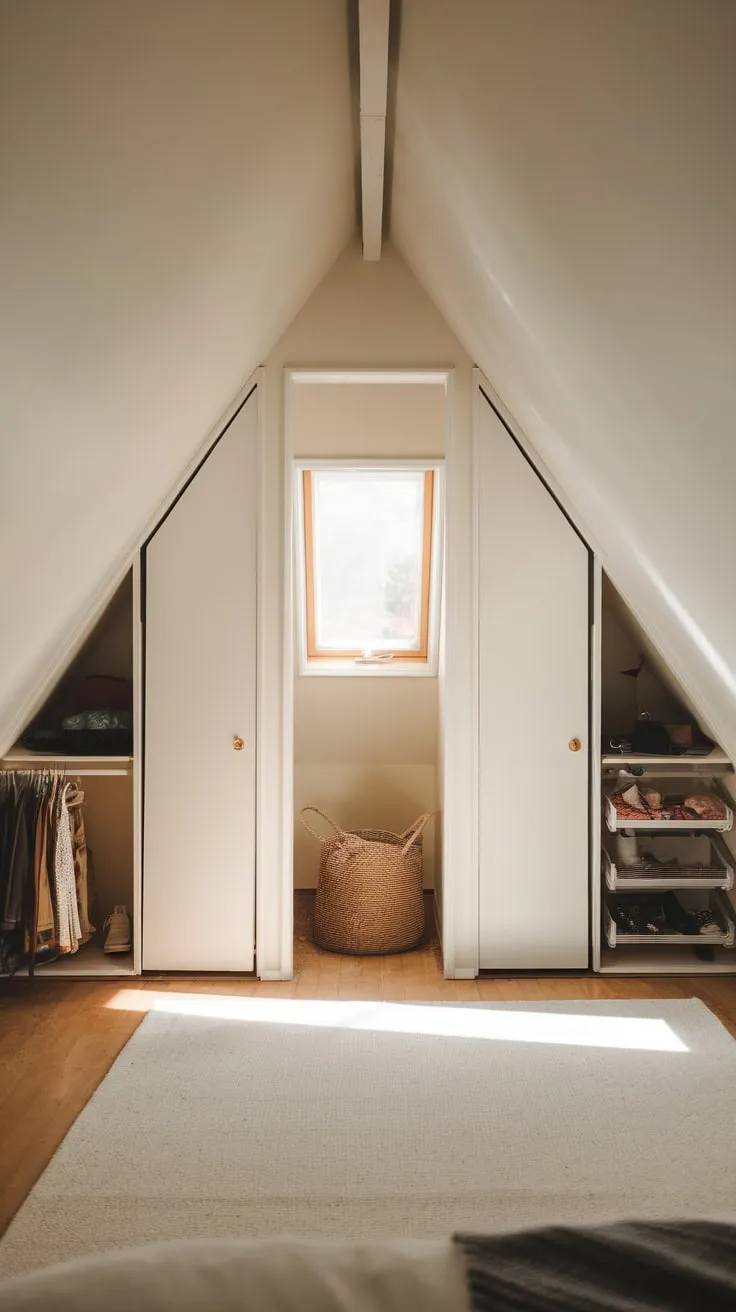 This attic bedroom, with its inviting neutral tones and well-organized closets, perfectly blends comfort and style in a charmingly compact space.