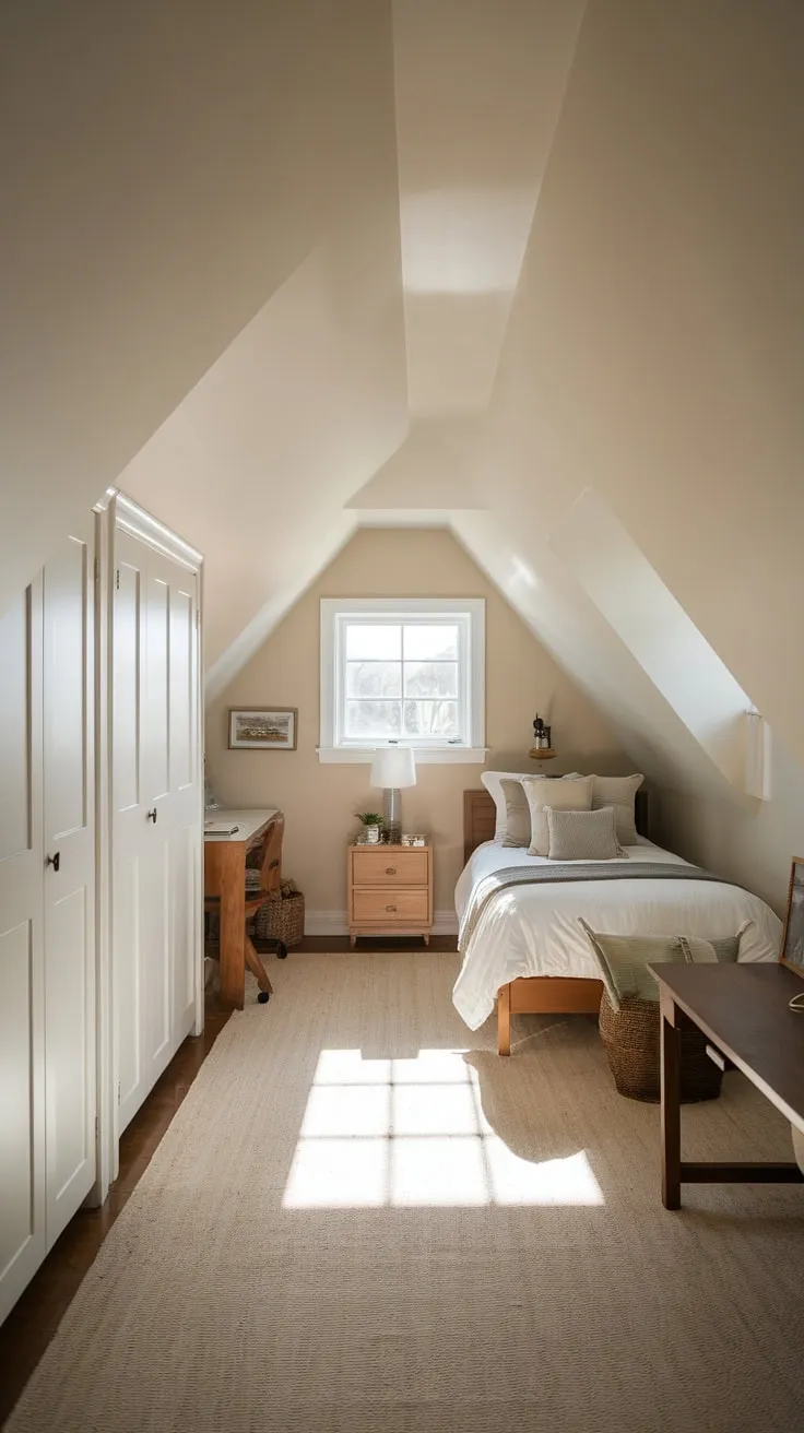 Ascend to your attic sanctuary, where the charming slant of the roof and the impeccable order of the closets conspire to create a space that's both effortlessly comfortable and beautifully simple – a true escape from the everyday.