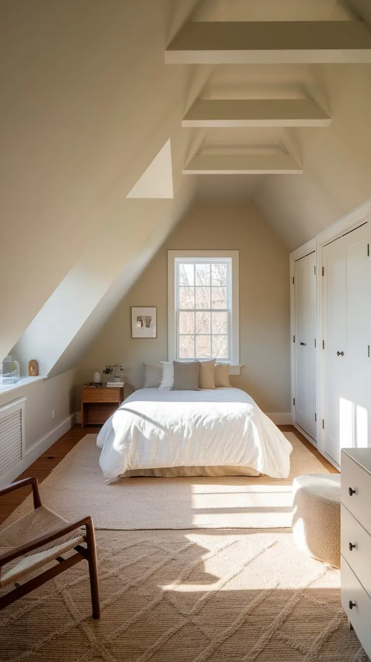 Ascend to your own private retreat: an attic bedroom bathed in soothing neutrals. Here, comfort and functionality dance in perfect balance. Ingenious attic closets melt into the architecture, ensuring that even in this charmingly compact space, everything has its place, leaving you free to simply relax and unwind.
